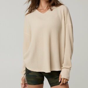 Aerie Offline Wow! Waffle Notch Neck long sleeve t-shirt NWT cake batter cream